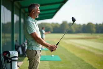 Débutant en golf souriant sur un practice de golf tenant un club après son premier swing