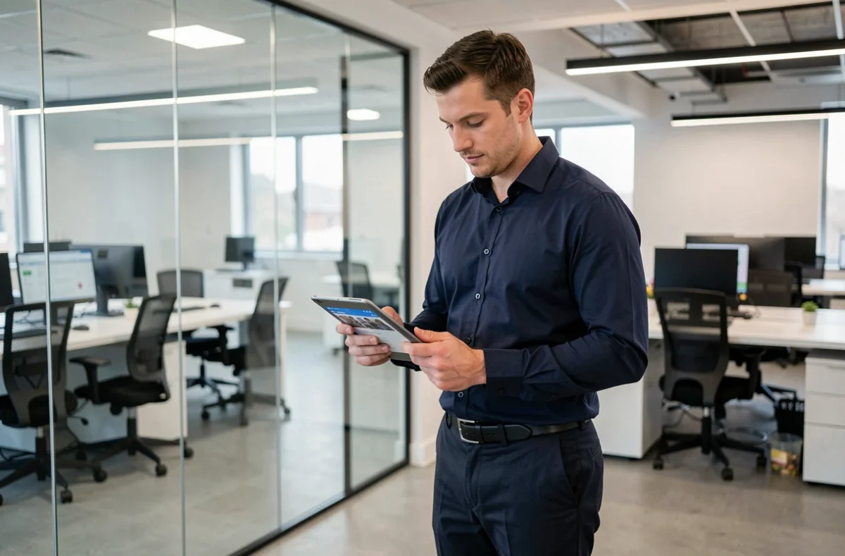 Jeune diplômé ESG consultant l'extranet de son école sur une tablette dans un espace de coworking