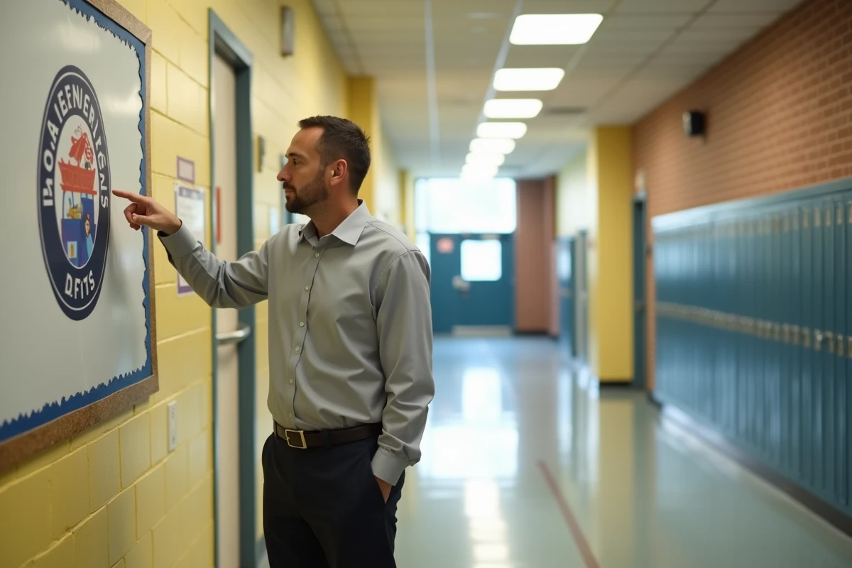 Directeur d'école présentant le nouveau logo de l'établissement affiché dans un couloir scolaire