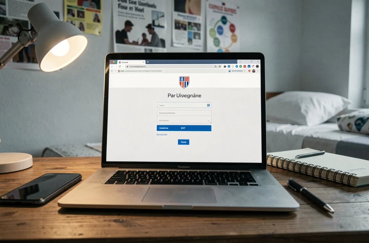 Écran d'ordinateur portable affichant la page de connexion ENT de l'IUT Nîmes avec cahier et smartphone sur un bureau étudiant