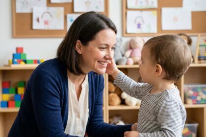 Éducatrice de la petite enfance souriante interagissant avec un tout-petit dans une salle de crèche colorée et bienveillante