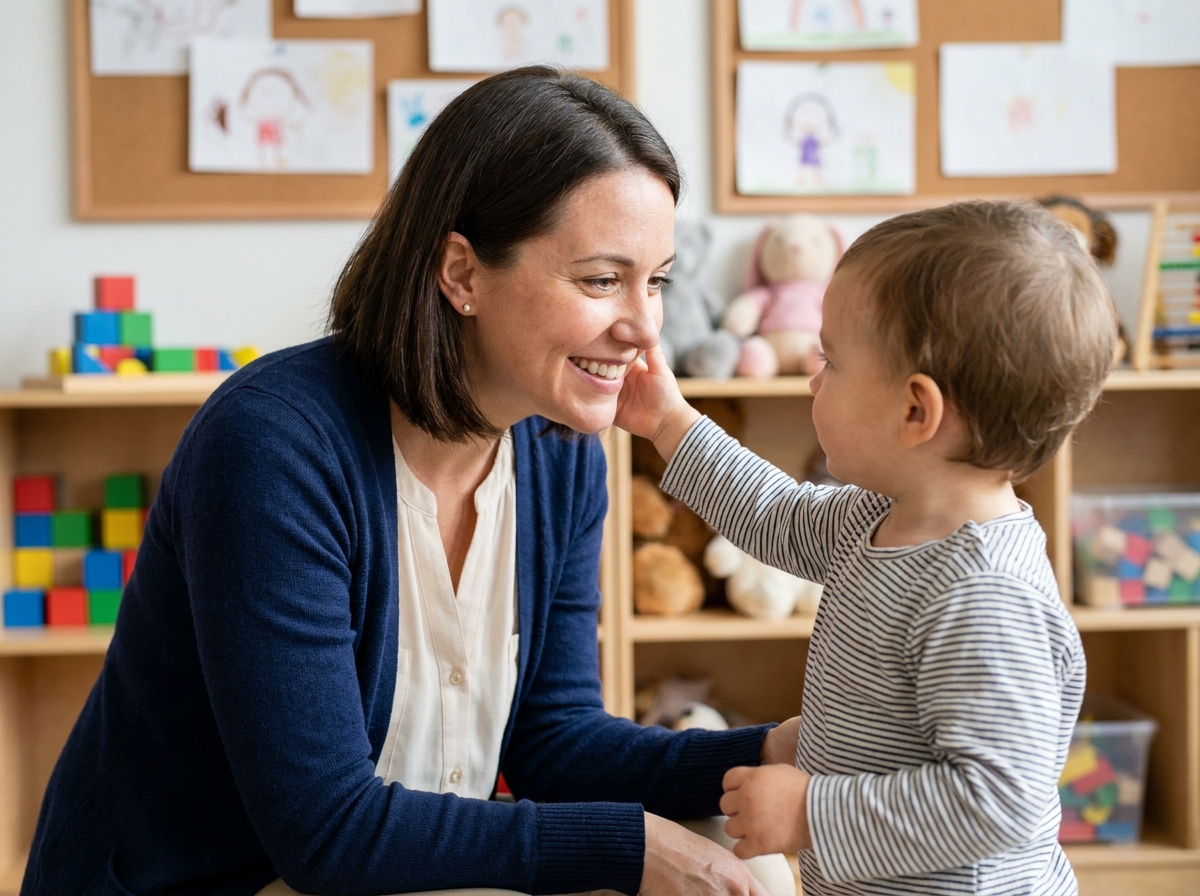 Éducatrice de la petite enfance souriante interagissant avec un tout-petit dans une salle de crèche colorée et bienveillante