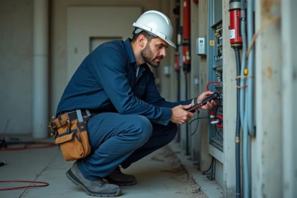 Électricien professionnel en uniforme travaillant sur un tableau électrique dans un bâtiment commercial, métier bien payé sans diplôme