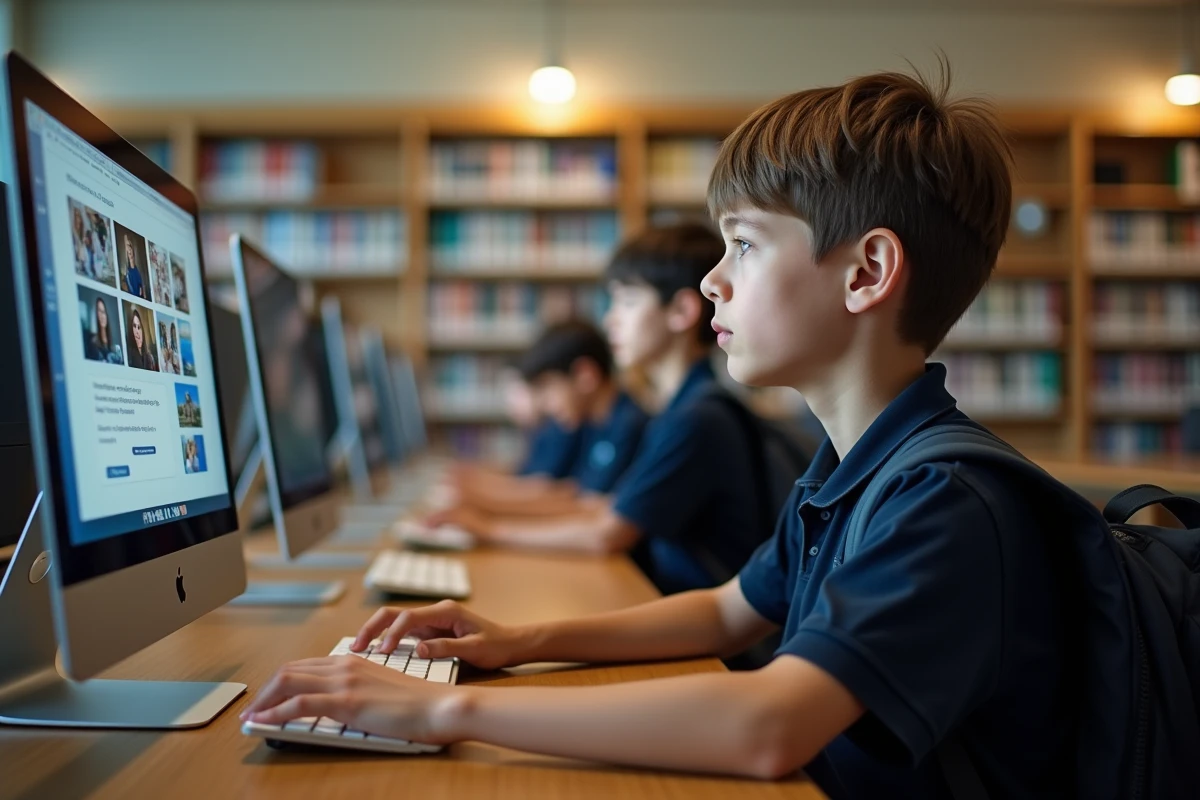Élève du collège Jean Rostand accédant au portail de récupération des photos scolaires en ligne depuis la bibliothèque