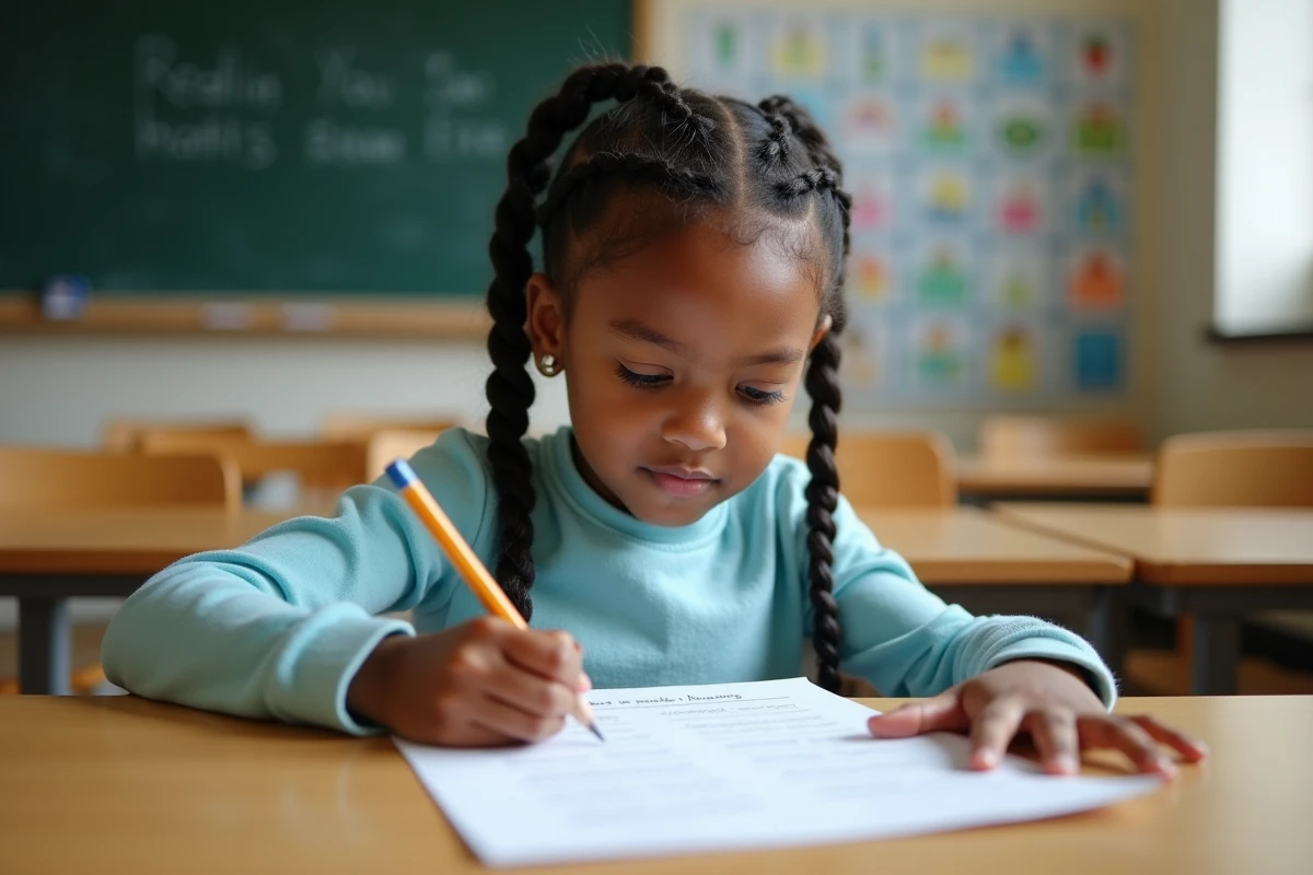 Jeune élève de CE2 qui remplit une fiche de lecture à double entrée sur son bureau en bois, en classe
