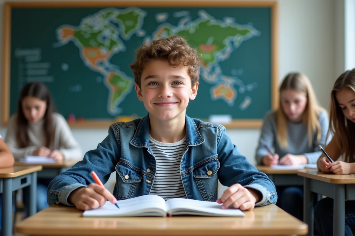 Jeune garçon français en classe avec livre de grammaire espagnole