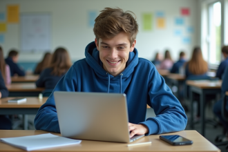 Jeune lyceen concentré sur son ordinateur en classe