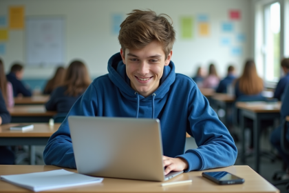 Jeune lyceen concentré sur son ordinateur en classe