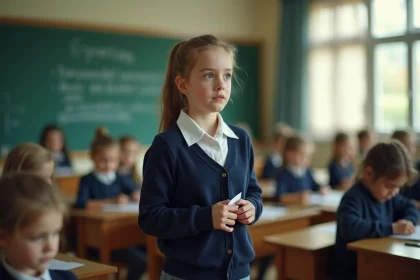 Jeune élève timide faisant son discours de délégué de classe devant ses camarades dans une salle de classe