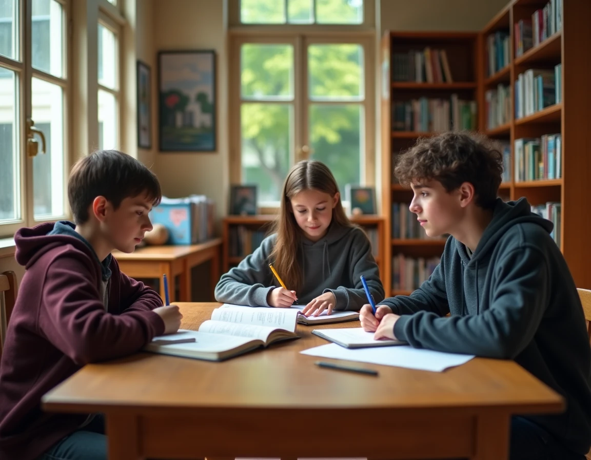 Groupe d'élèves de seconde travaillant ensemble dans la bibliothèque du lycée à Vincennes