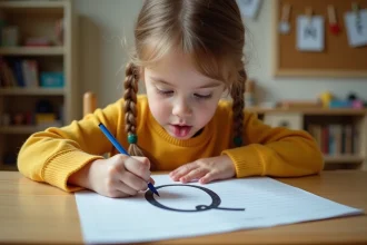 Jeune fille appliquée traçant un Q majuscule attaché à la main sur une feuille lignée avec un feutre bleu, assise à un bureau en bois dans une salle de classe à la maison