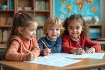 Groupe d'enfants de 7 ans coloriant en classe