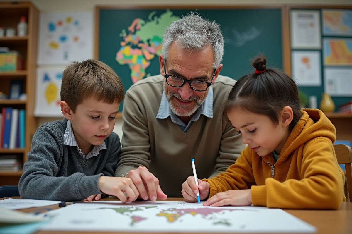 Enseignant avec deux enfants travaillant sur un projet artistique en classe