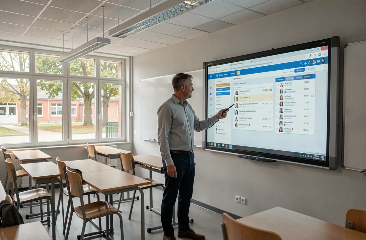 Enseignant utilisant l'ENT Auvergne Rhône Alpes sur un tableau numérique interactif en classe