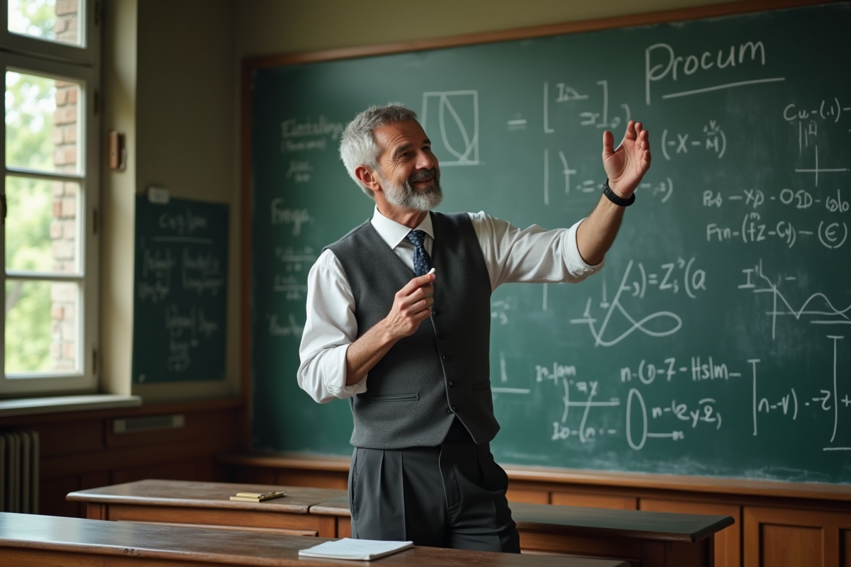 Professeur en veston expliquant des équations quantiques