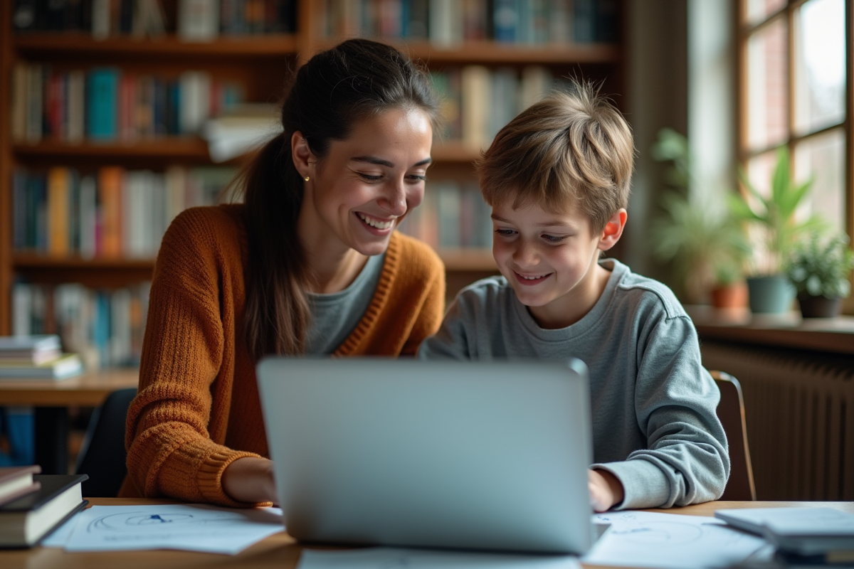 Professeur et élève dans une bibliothèque avec ordinateur et diagrammes AI