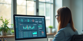 Professeur moderne travaillant à un bureau lumineux avec écran digital