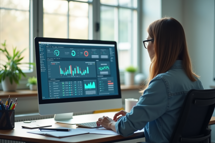 Professeur moderne travaillant à un bureau lumineux avec écran digital