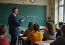 Robots versus enseignants : la fin de la transmission du savoir ? Professeur devant tableau avec élèves attentifs en classe