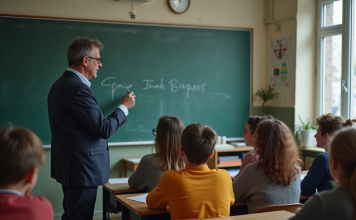 Robots versus enseignants : la fin de la transmission du savoir ? Professeur devant tableau avec élèves attentifs en classe