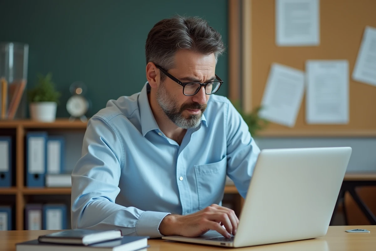 Professeur concentré sur son ordinateur dans une salle de staff