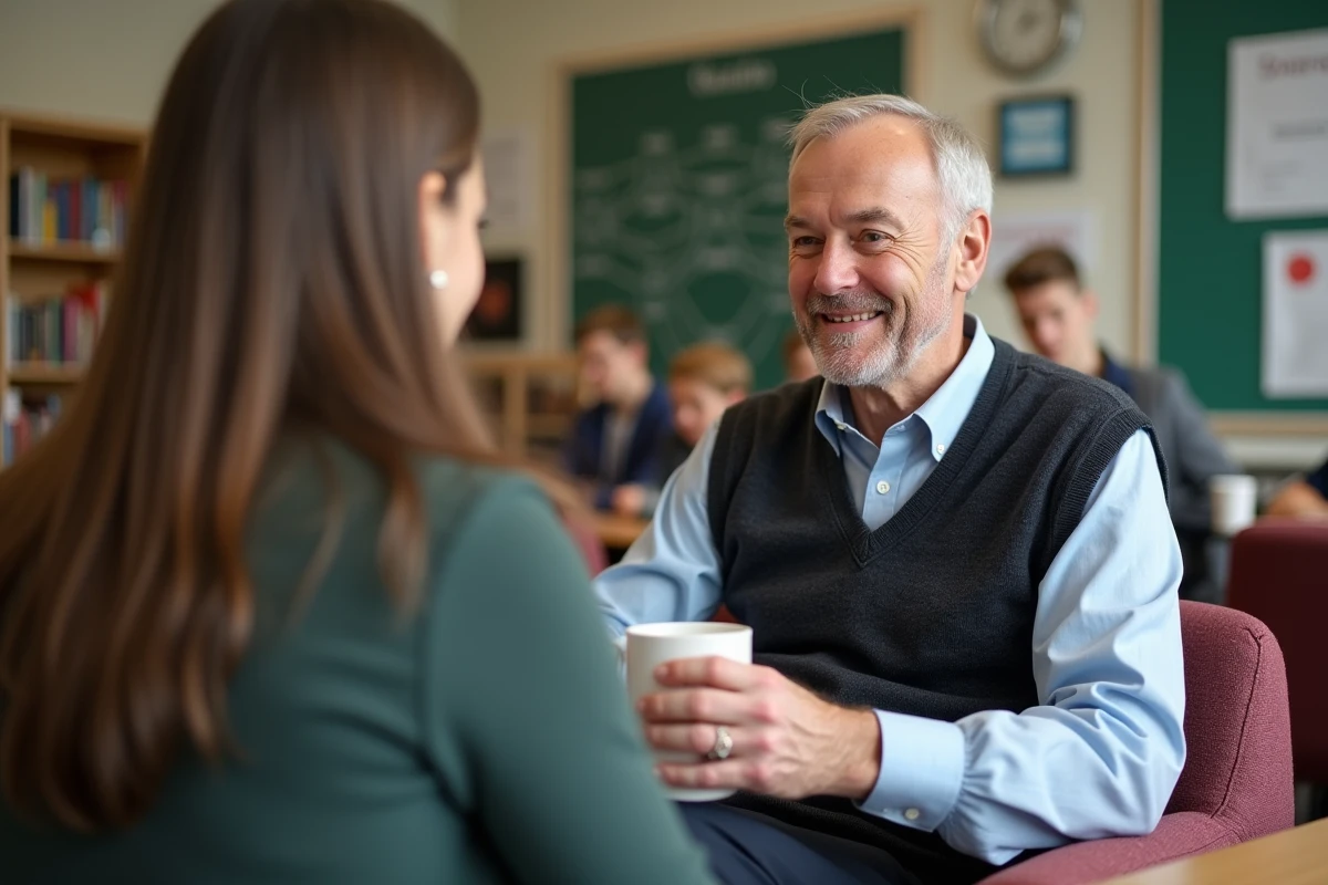 Professeur expérimenté discutant avec un collègue dans la salle du personnel