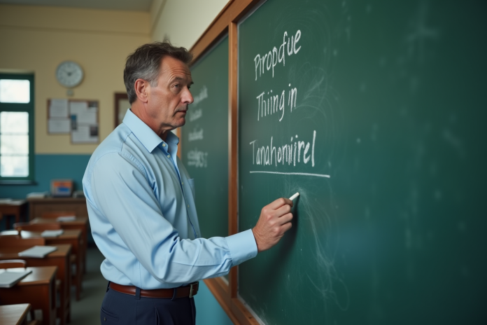 enseignant-tableau-scolaire Professeur d age moyen écrivant sur un tableau vert en classe