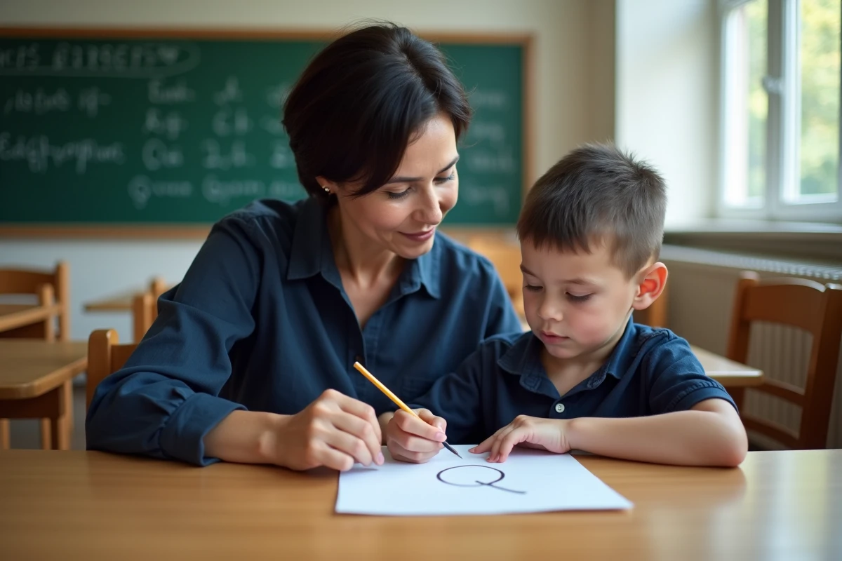 Enseignante guidant la main d'un jeune élève pour tracer un Q majuscule en écriture cursive sur un exercice de calligraphie dans une salle de classe