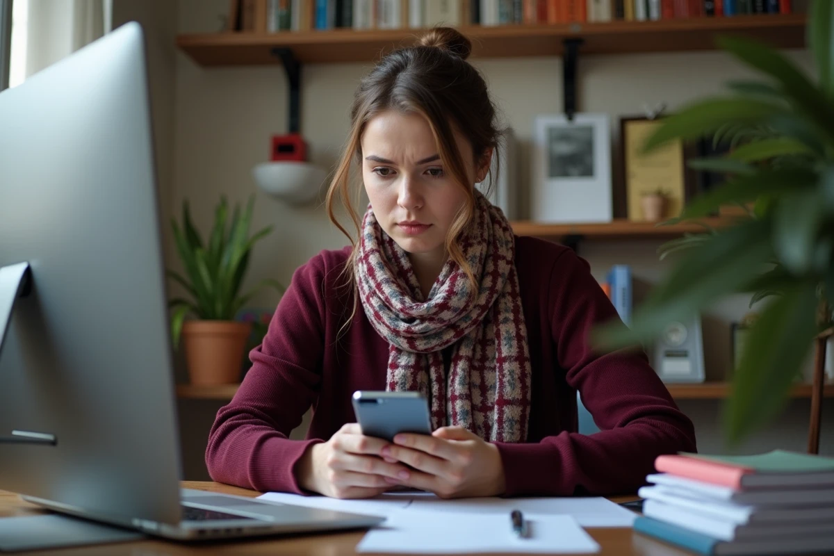 Jeune enseignante vérifiant son téléphone dans un bureau à domicile