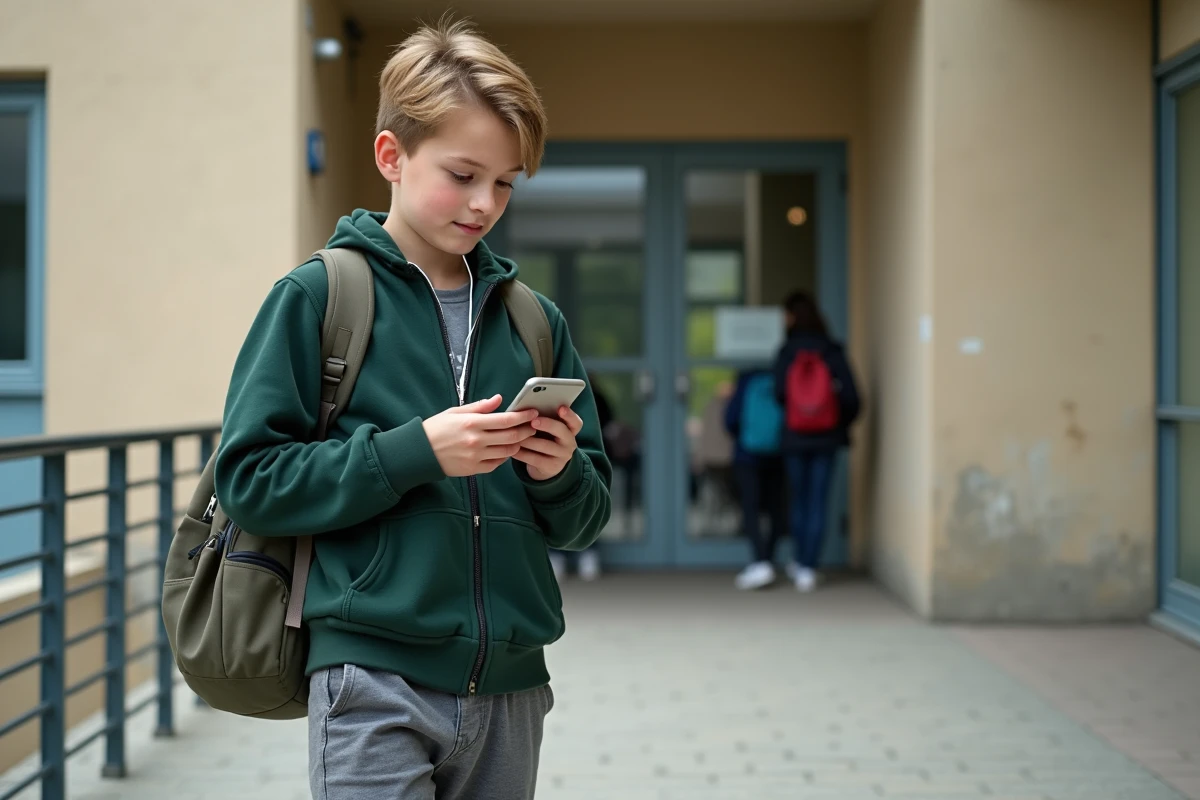 Collégien consultant l'ENT Rochelle sur son téléphone devant l'entrée de son établissement scolaire
