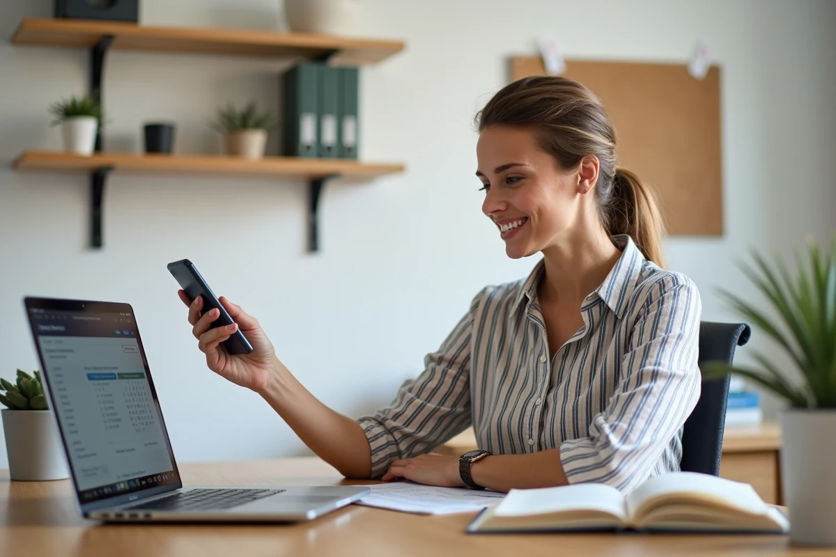 Mère de famille gérant le cartable numérique ENT Rochelle depuis son smartphone et son ordinateur à domicile