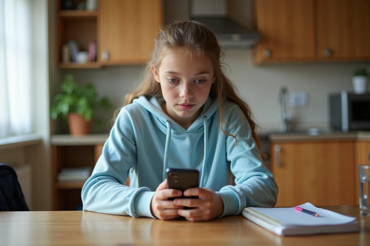 Adolescente utilisant l'ENT Rochelle sur smartphone à la maison pour consulter son espace élève numérique