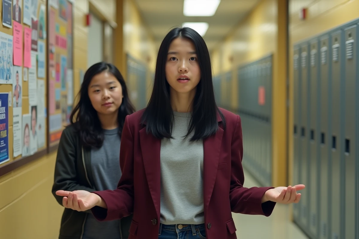 Lycéenne s'entraînant à donner son discours de candidate déléguée de classe avec une amie dans un couloir scolaire