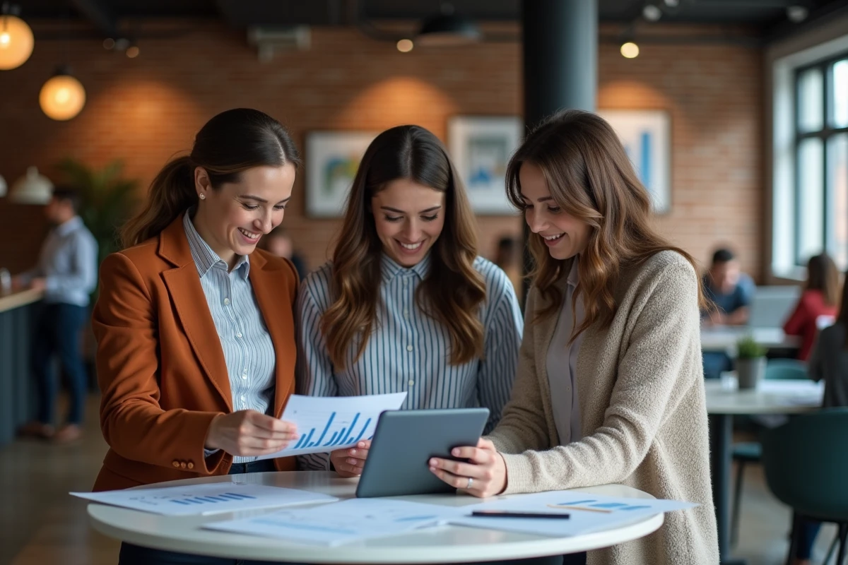 Équipe commerciale partageant les résultats d'une formation social selling dans un espace de co-working moderne