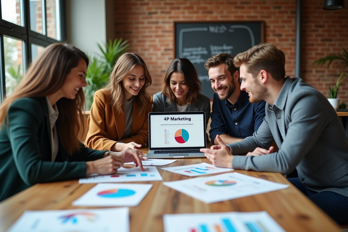 Groupe de collègues marketing discutant autour d