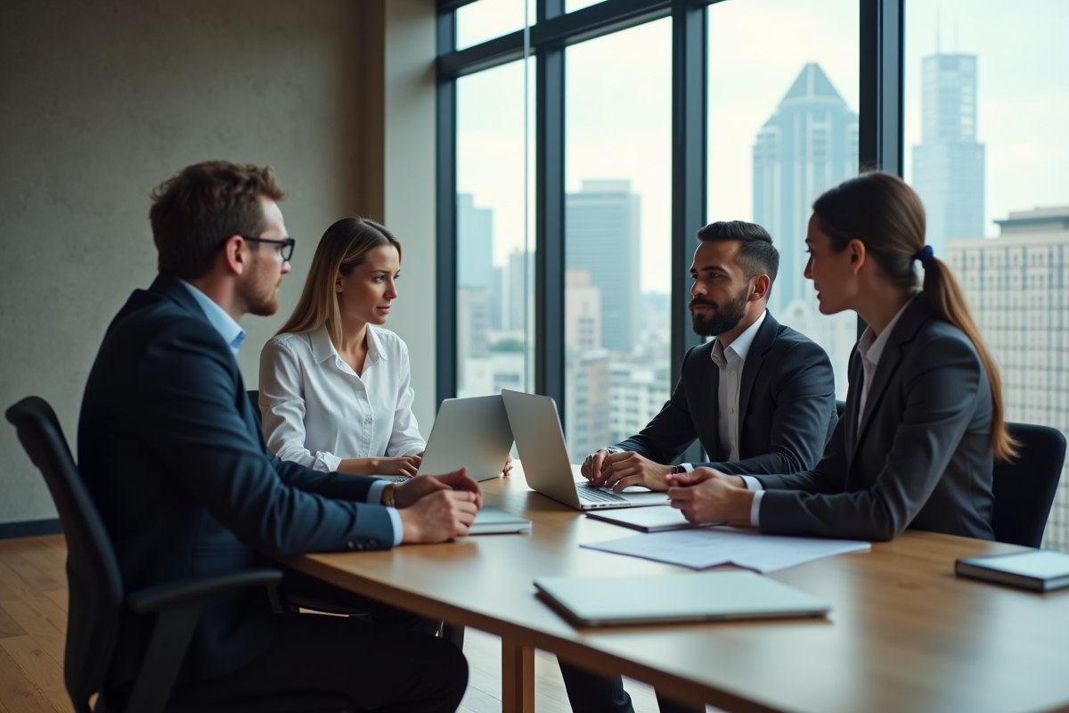 Groupe de professionnels en réunion stratégie en coworking