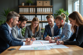 Professionnels en réunion collaborant sur des TDR dans un bureau moderne