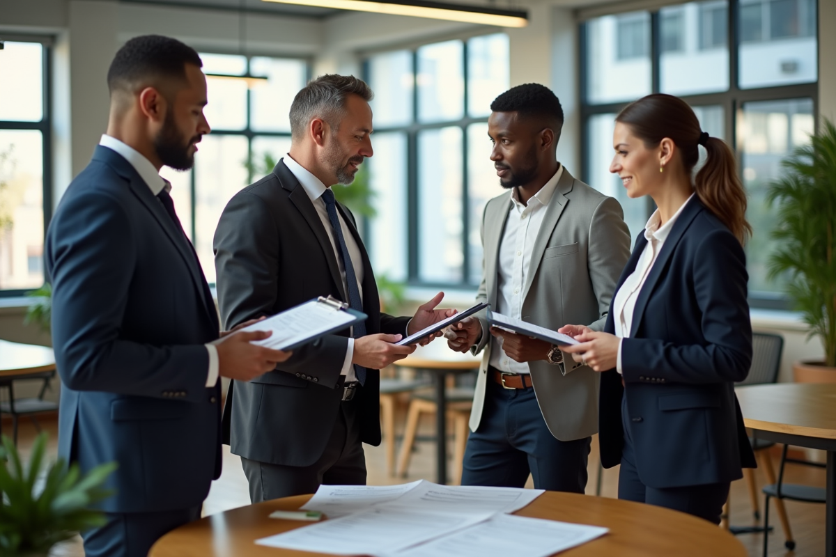 Groupe de professionnels discutant autour d