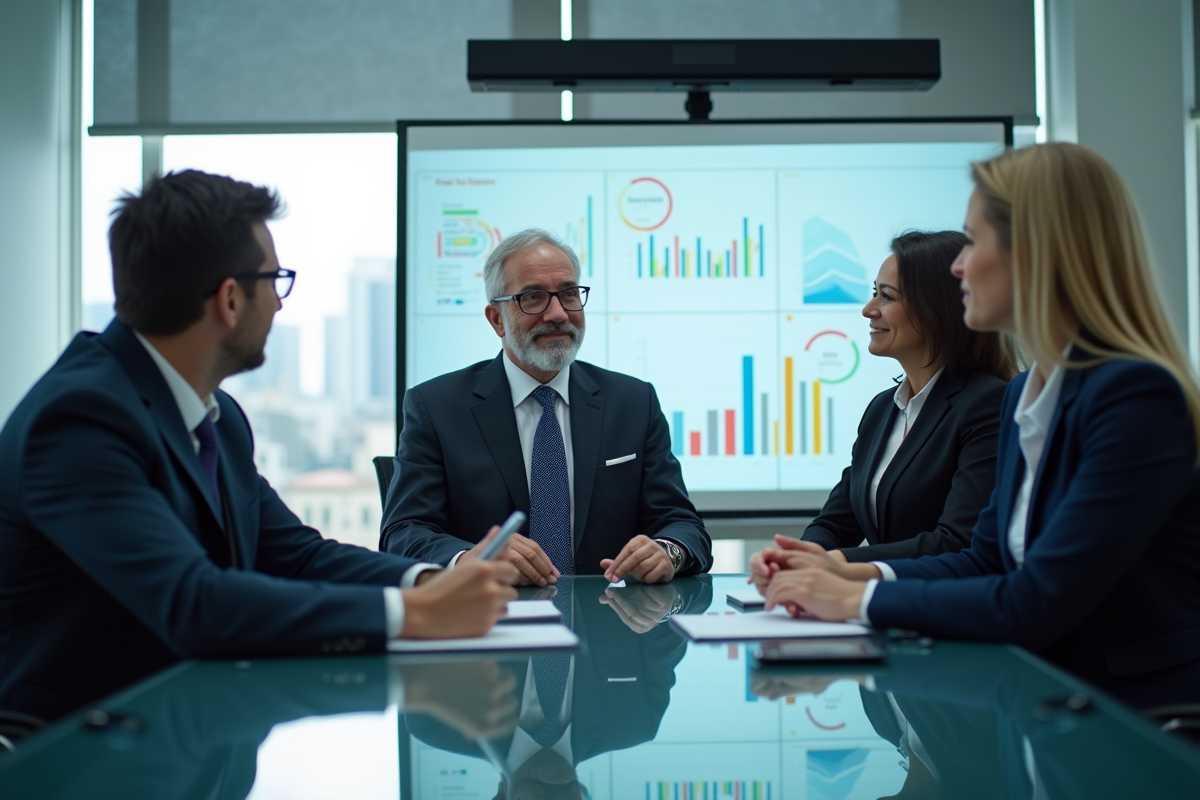 Groupe de trois cadres collaborant autour d