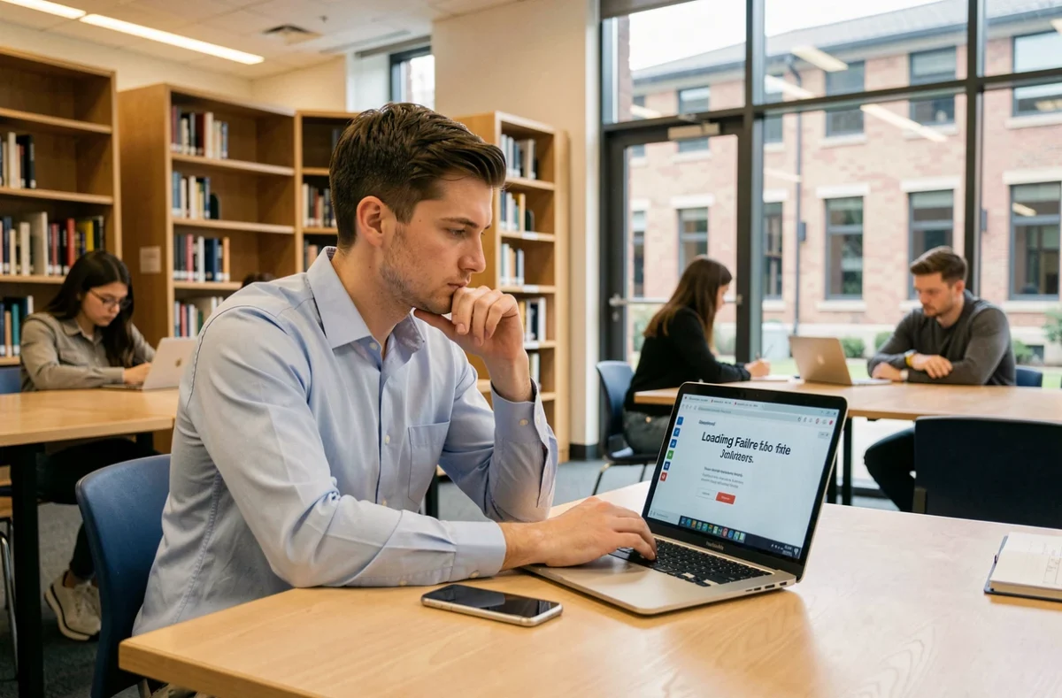 Étudiant en bibliothèque universitaire face à un problème de connexion sur l'ENT Normandie depuis son laptop