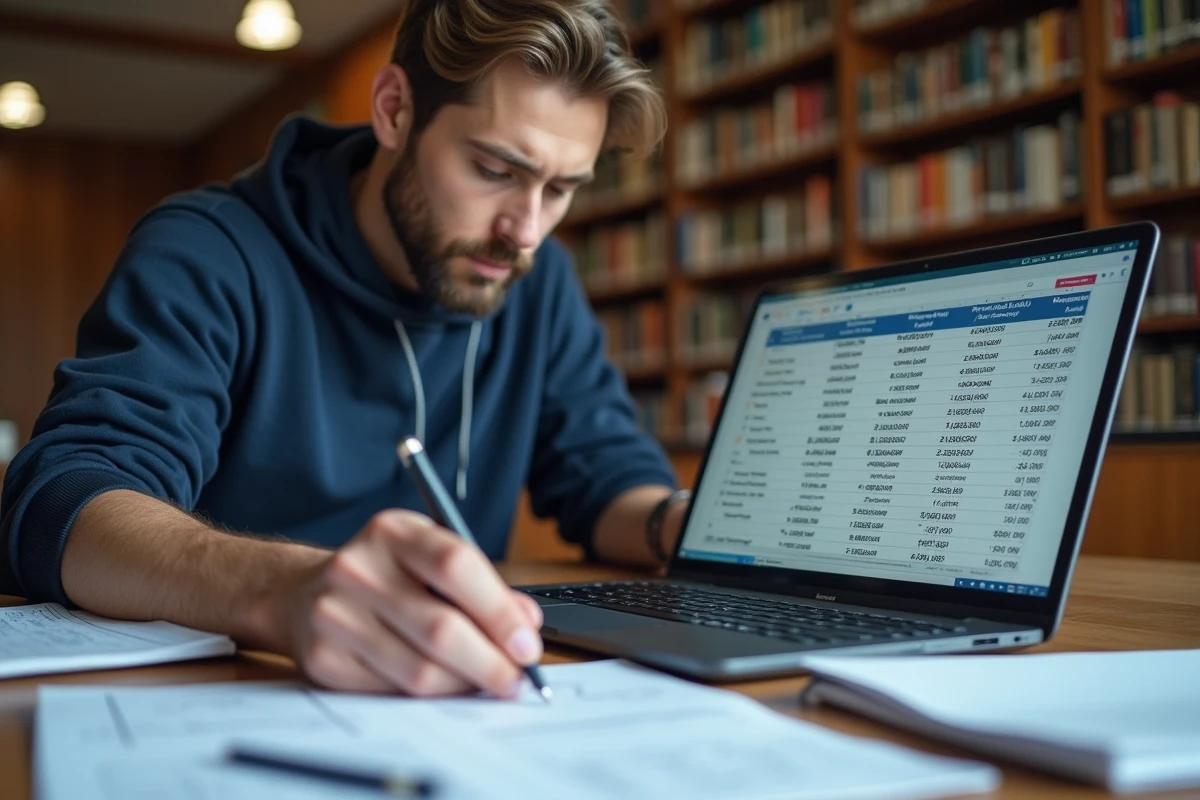 Étudiant masculin consultant un tableau de notes pondérées sur son ordinateur portable dans une bibliothèque universitaire