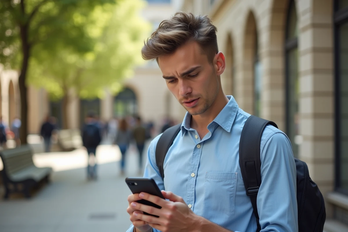 Étudiant en césure vérifiant le paiement de la CVEC sur son smartphone devant le campus