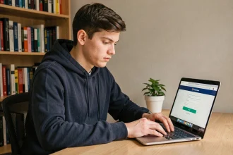 Étudiant connecté à l'ENT de l'IUT de Nîmes depuis son domicile sur un ordinateur portable