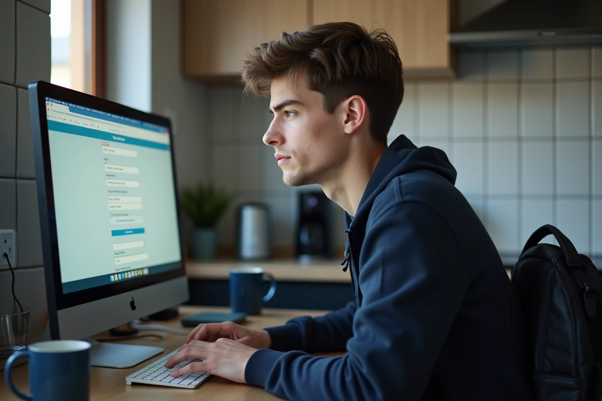 Étudiant qui se connecte à l'ENT Unice depuis son appartement avec un ordinateur de bureau