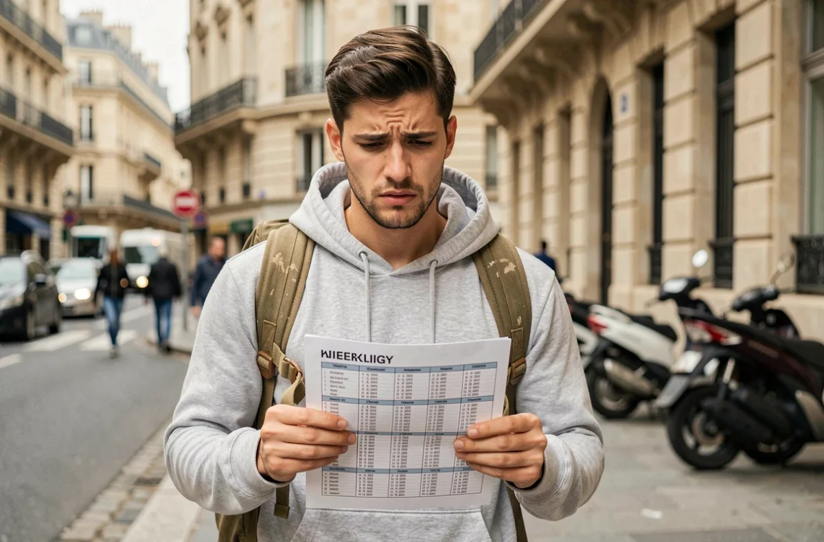 Étudiant du Cours Florent consultant son emploi du temps devant une façade parisienne