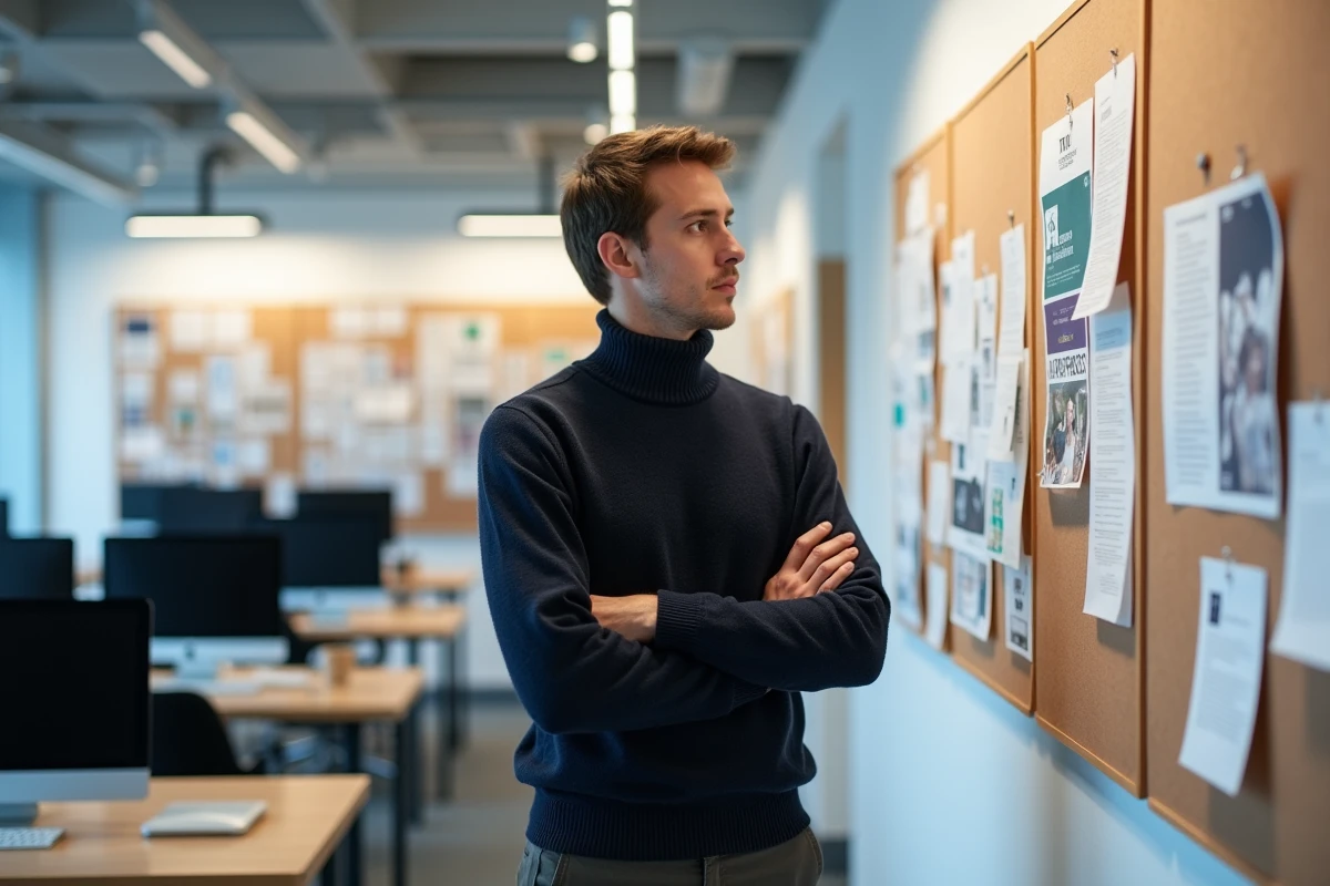 Étudiant en design graphique devant un mur de projets dans une salle de classe DNMADE