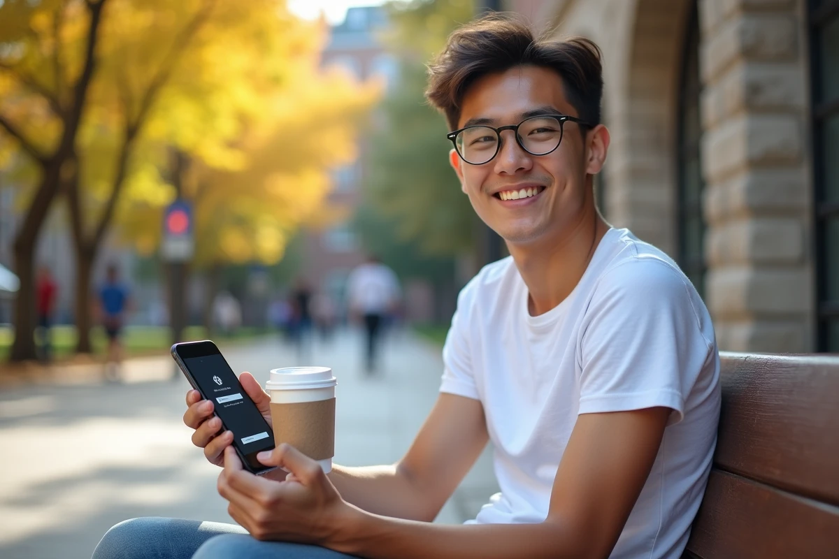 Étudiant utilisant l'ENT Unice sur smartphone en extérieur sur le campus universitaire