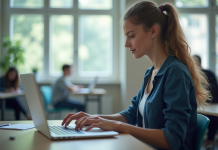Étudiant en ligne dans une salle lumineuse et moderne