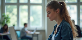 Étudiant en ligne dans une salle lumineuse et moderne