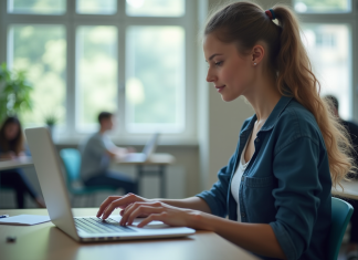 Optimiser votre parcours de formation avec Moodle de l’INSA de Rouen : conseils et bonnes pratiques Étudiant en ligne dans une salle lumineuse et moderne